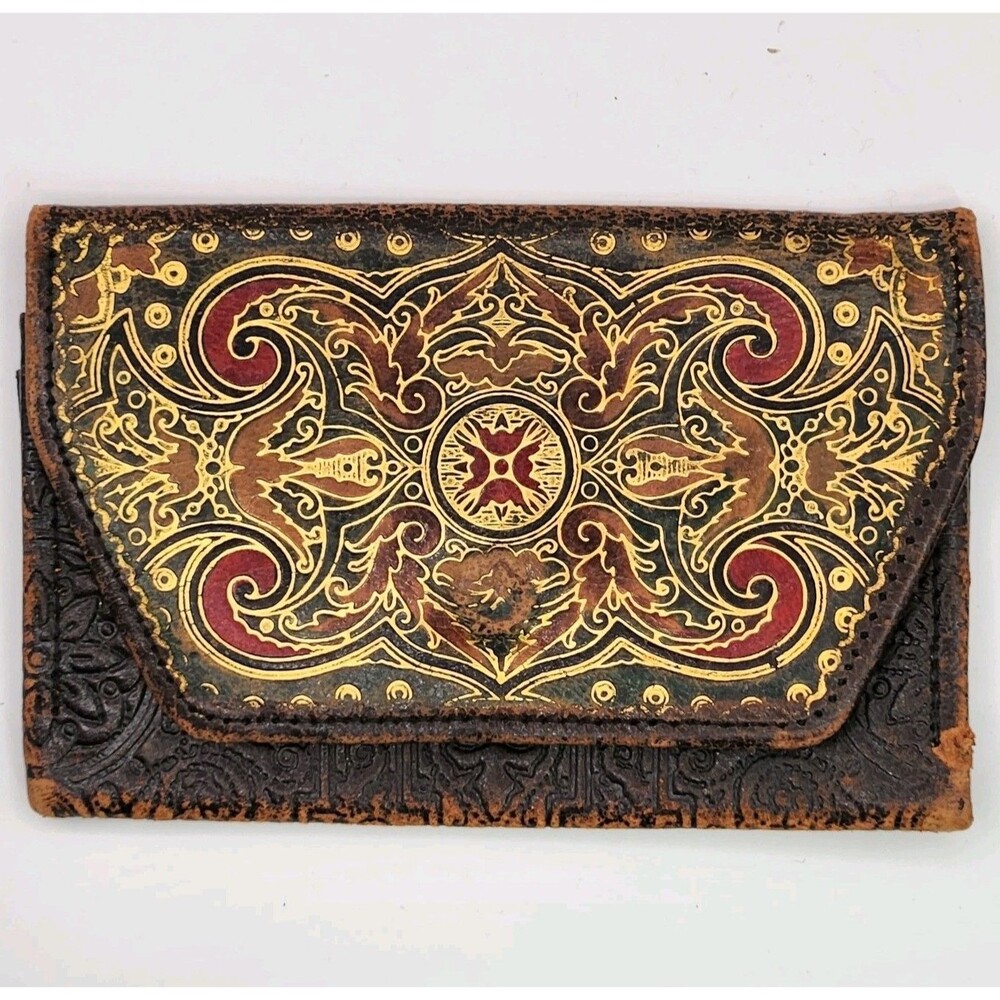 Antique Tooled Leather Multi Color Embossed Ladies Coin Purse/Wallet